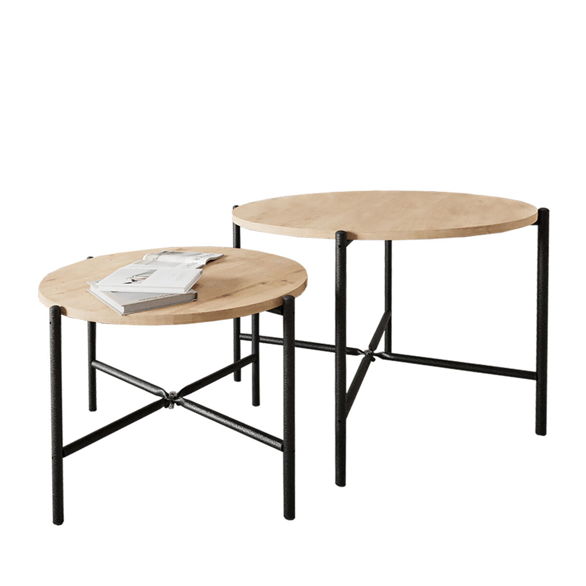 Set of 2 tables Alexandra House Living Black Oak Metal Wood MDP 50 x 40 x 50 cm 65 x 50 x 65 cm-0