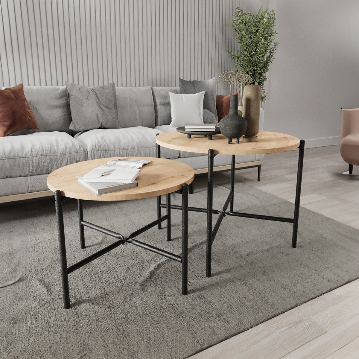 Set of 2 tables Alexandra House Living Black Oak Metal Wood MDP 50 x 40 x 50 cm 65 x 50 x 65 cm-3