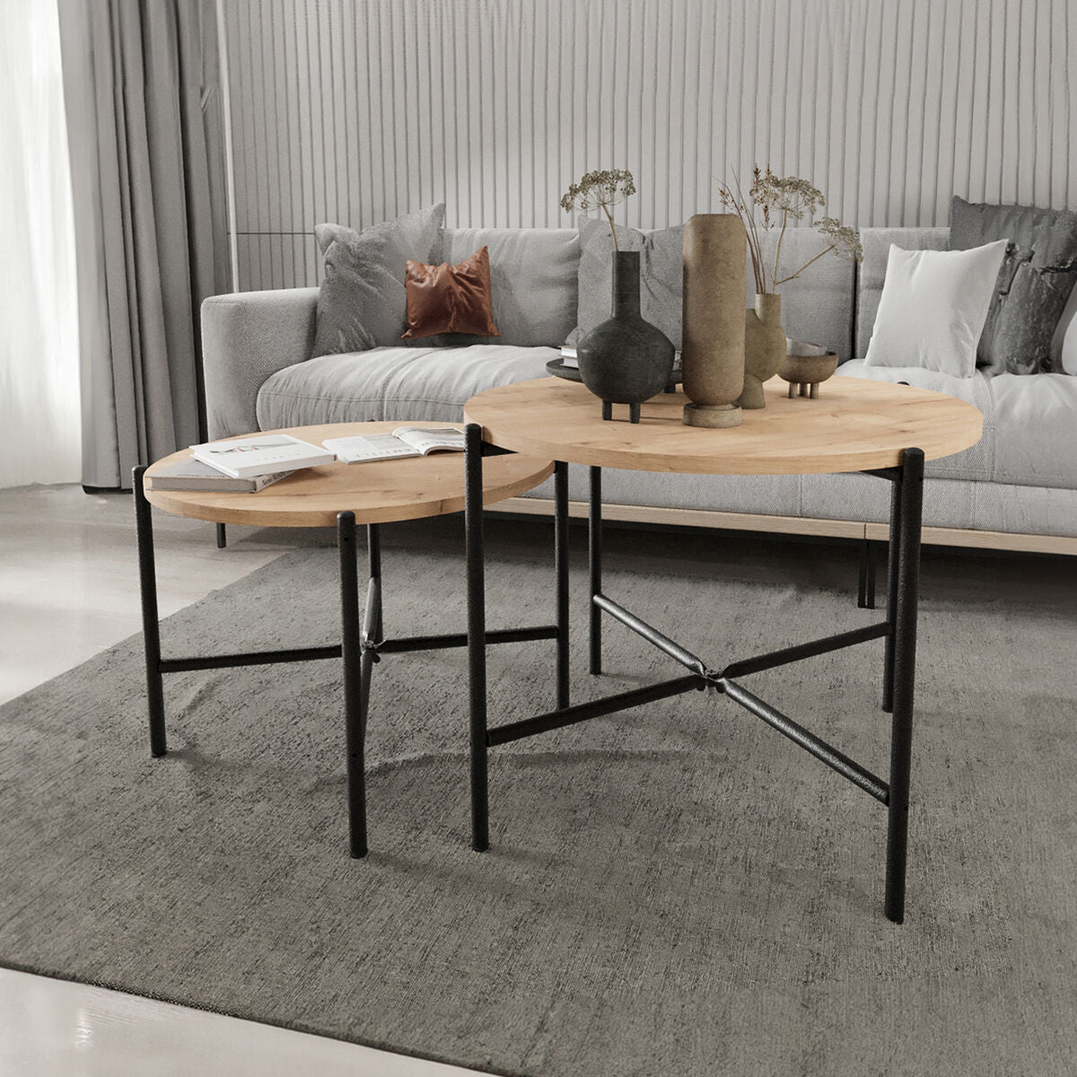 Set of 2 tables Alexandra House Living Black Oak Metal Wood MDP 50 x 40 x 50 cm 65 x 50 x 65 cm-2