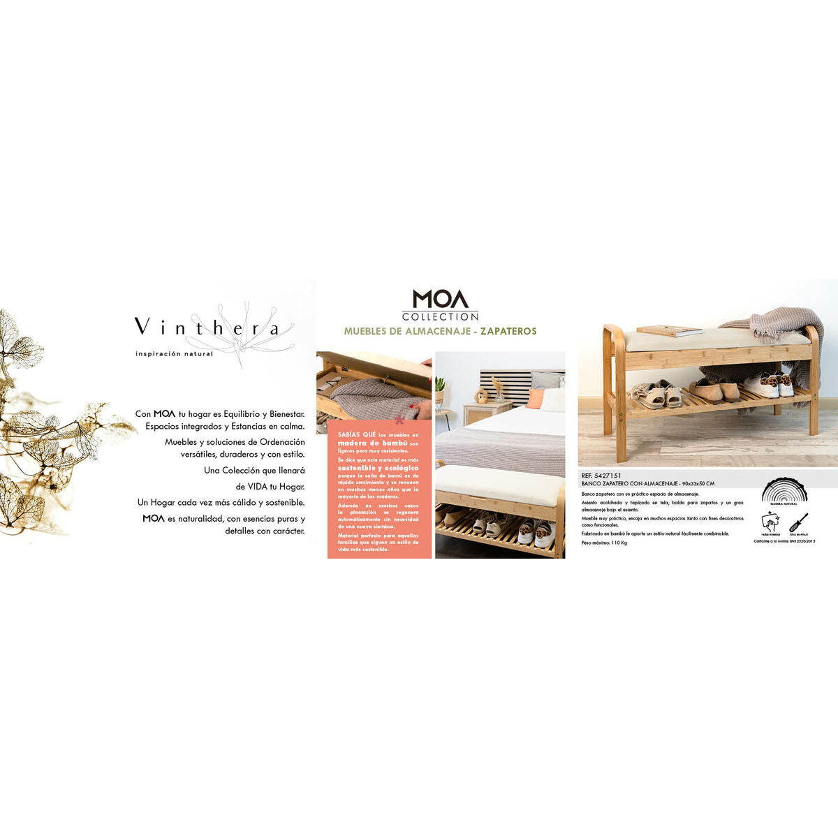 Shoe bench Vinthera Moa Beige Wood 90 x 33 x 50 cm-1