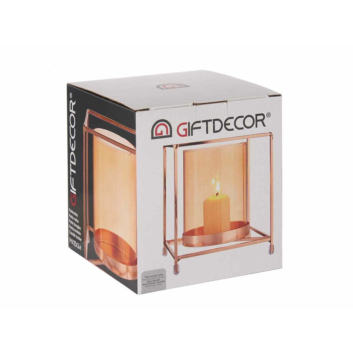 Candleholder Squared Copper Amber 14 x 15,5 x 14 cm Golden Metal Glass-2