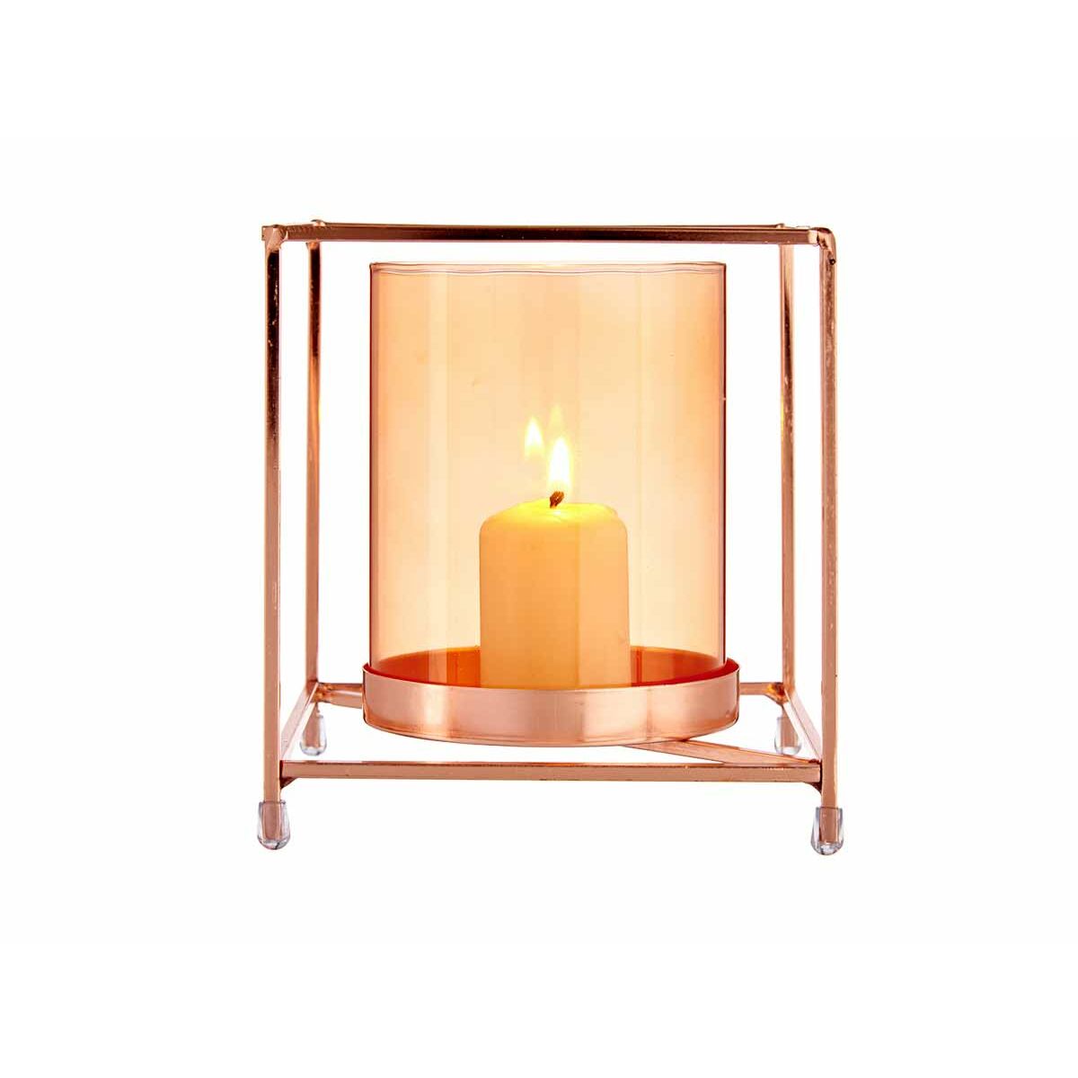 Candleholder Squared Copper Amber 14 x 15,5 x 14 cm Golden Metal Glass-1