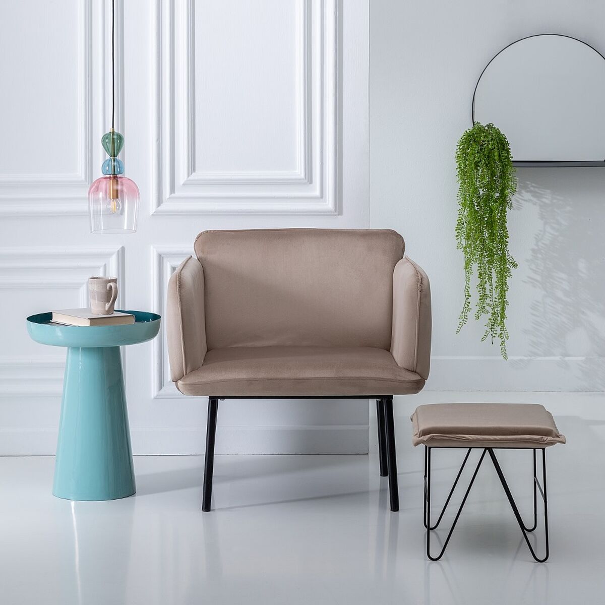 Pouffe Synthetic Fabric Beige Metal 40 x 40 x 35 cm-5