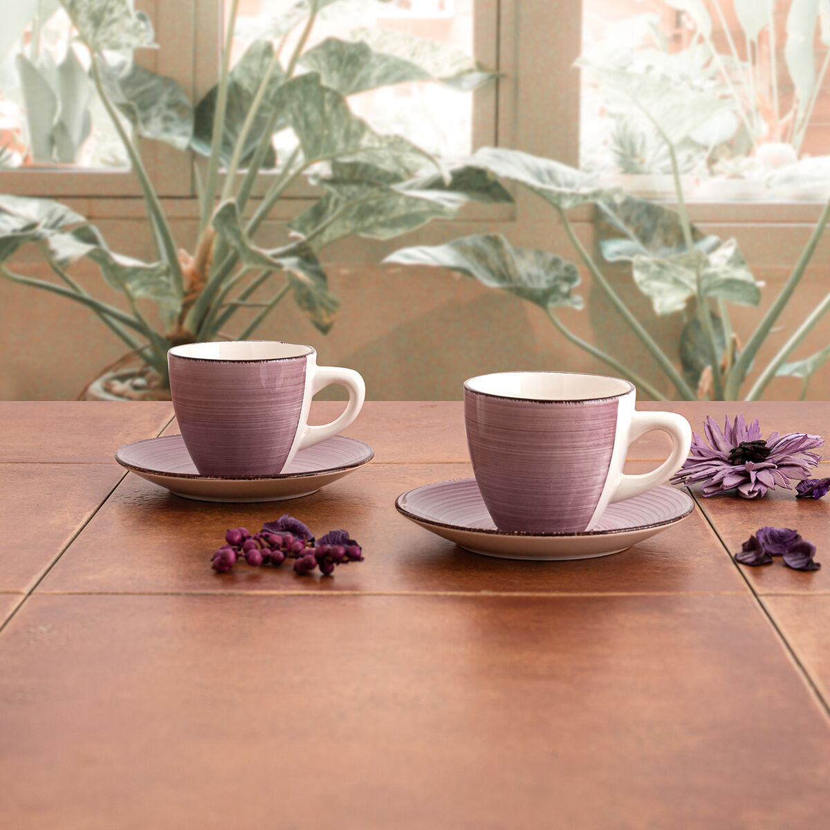 Set of Mugs with Saucers Quid Vita Morning Pink Ceramic (4 Pieces) (6 Units)-3
