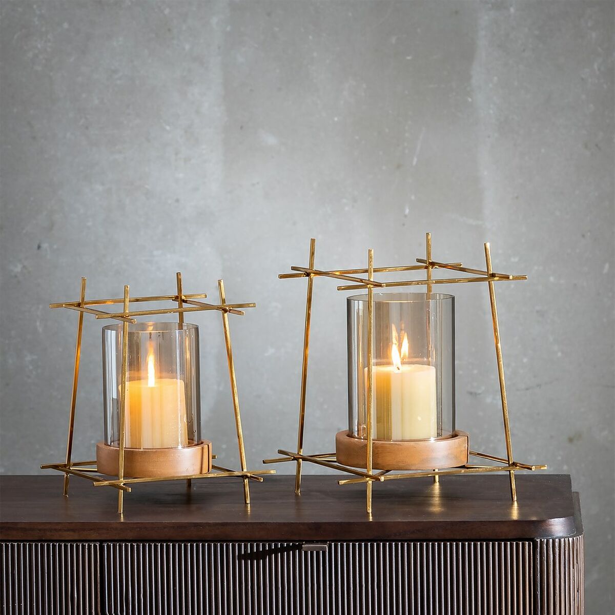 Candleholder Brown Golden Wood Crystal Steel 24 x 24 x 26 cm-1